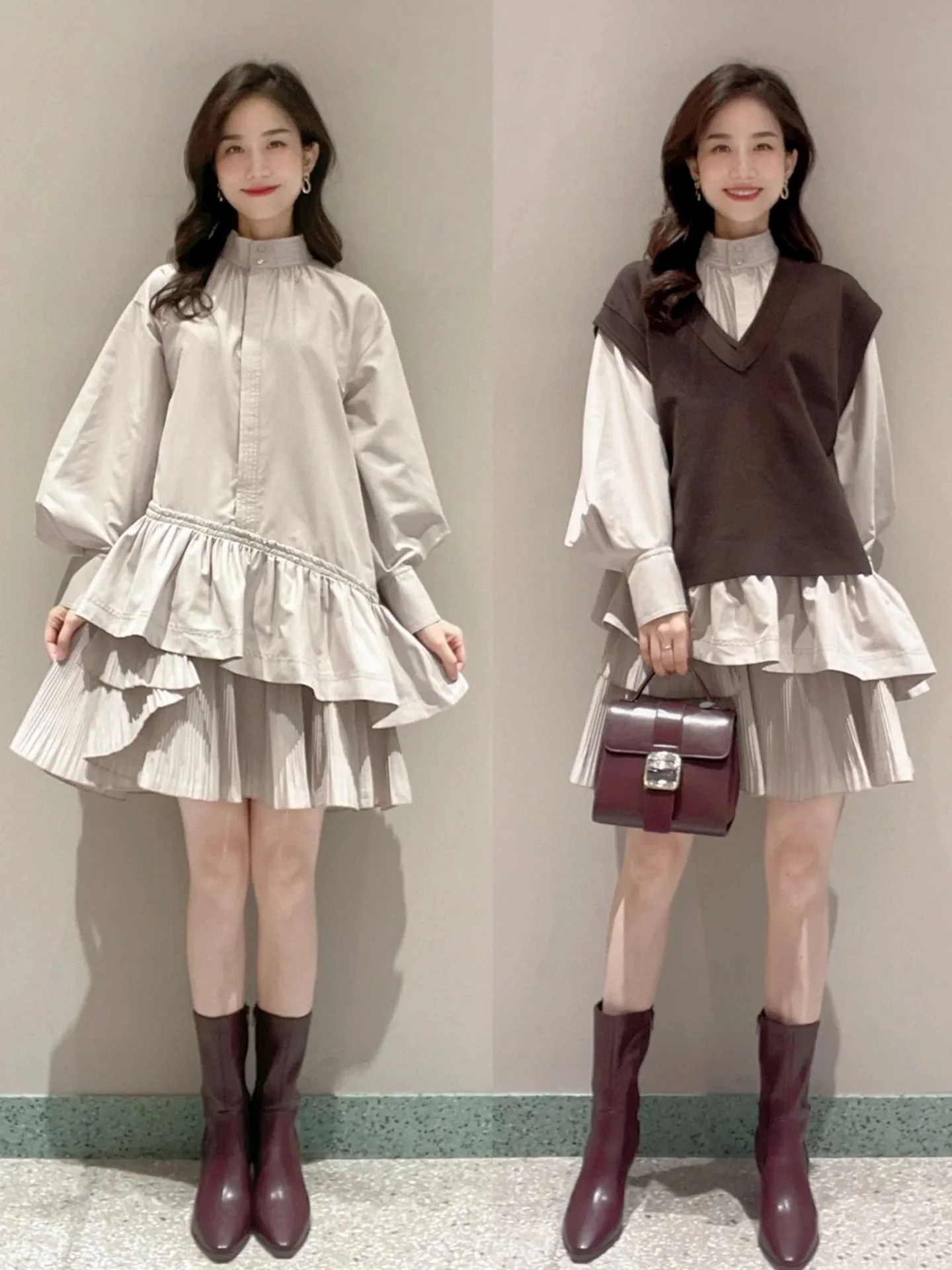 

Модный вязаный жилет с V-образным вырезом и комплект с юбкой: новая осенняя японская женская одежда с высокой талией, длинными рукавами, из полиэстера