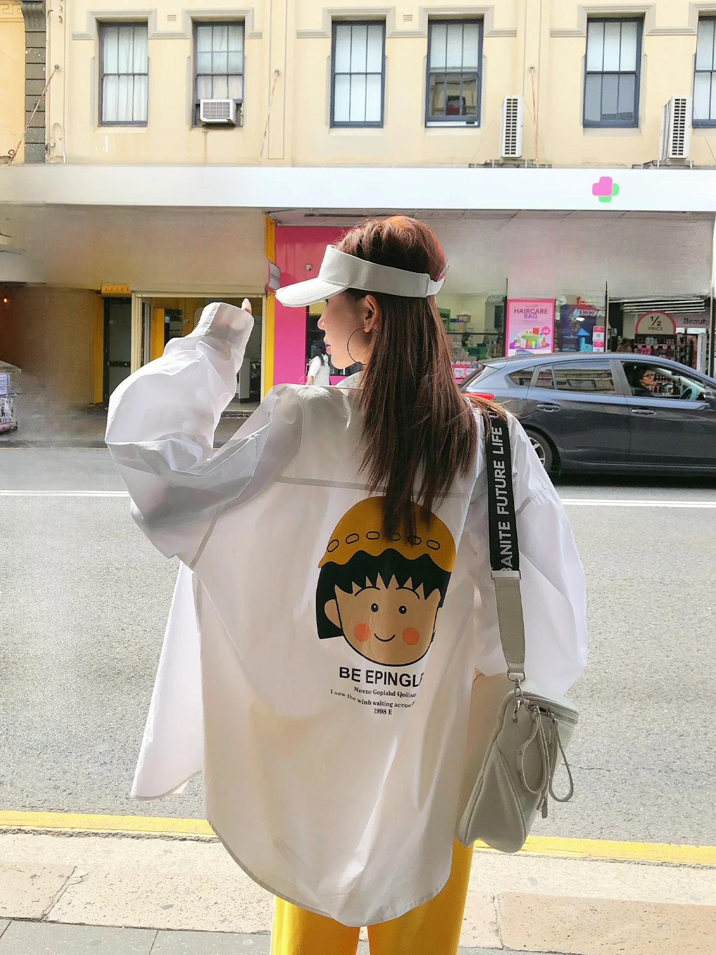 

Свободная женская рубашка из чистого хлопка с длинными рукавами и мультяшным принтом, модная повседневная миди-рубашка для ранней весны с защитой от солнца