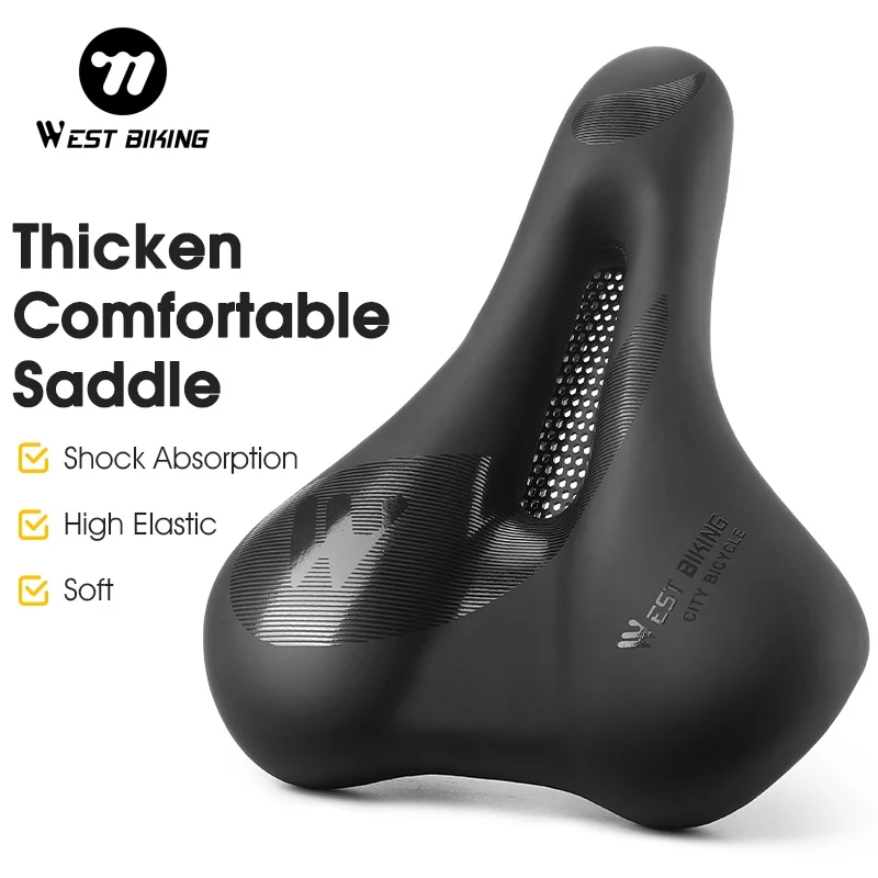 WEST BIKING Hollow Breathable Bicycle Saddle Shock Absorbing Thick Cushion Waterproof PU Leather Comfort Seat for MBT Road Bike