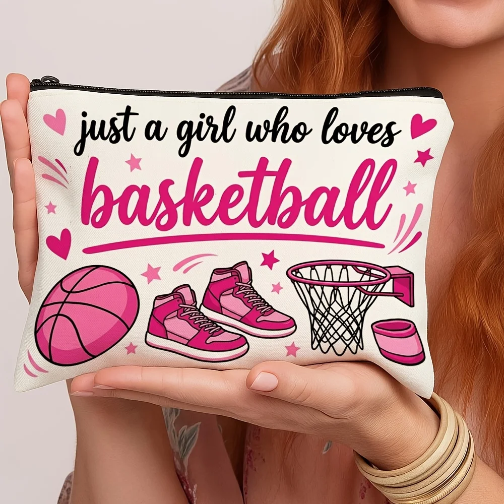 Just A Girl Who Loves Basketball Print Pencil Case Sports Theme Cosmetic Pouch Portable Storage Bag Gift for Basketball Lovers