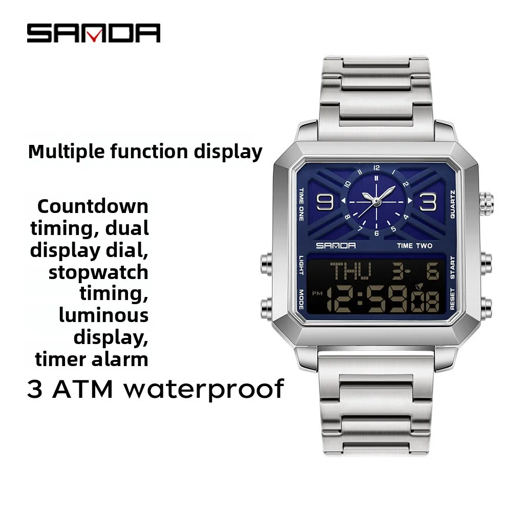 SANDA 6265 Квадратные часы с двойным дисплеем, мужские электронные кварцевые часы с двойным механизмом, 3 атм, водонепроницаемые, с ночником, спортивные деловые часы