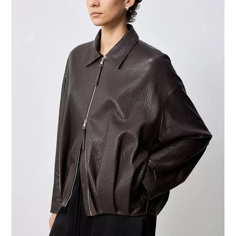 커피 가죽 재킷 가을 여성 심플 패션 라펠 지퍼 루즈 내추럴 텍스처 양가죽 폼 가죽 숏 코트 자케타