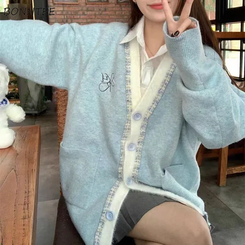 

Нежные кардиганы женские с милой вышивкой, повседневные однобортные модные универсальные карманы, дизайн, соблазнительные литературные, нежный шик