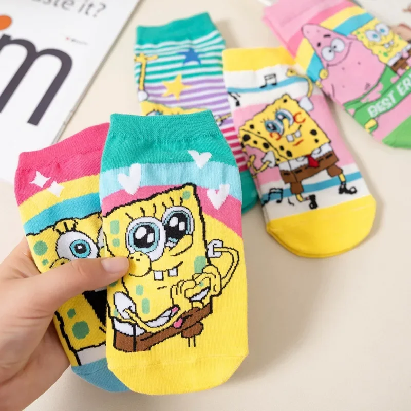 5 Pairs of Womens SpongeBob Socks Set Spring Autumn Women Cute Cartoon Cotton Socks Sports Student Leisure Short Socks Wholesale