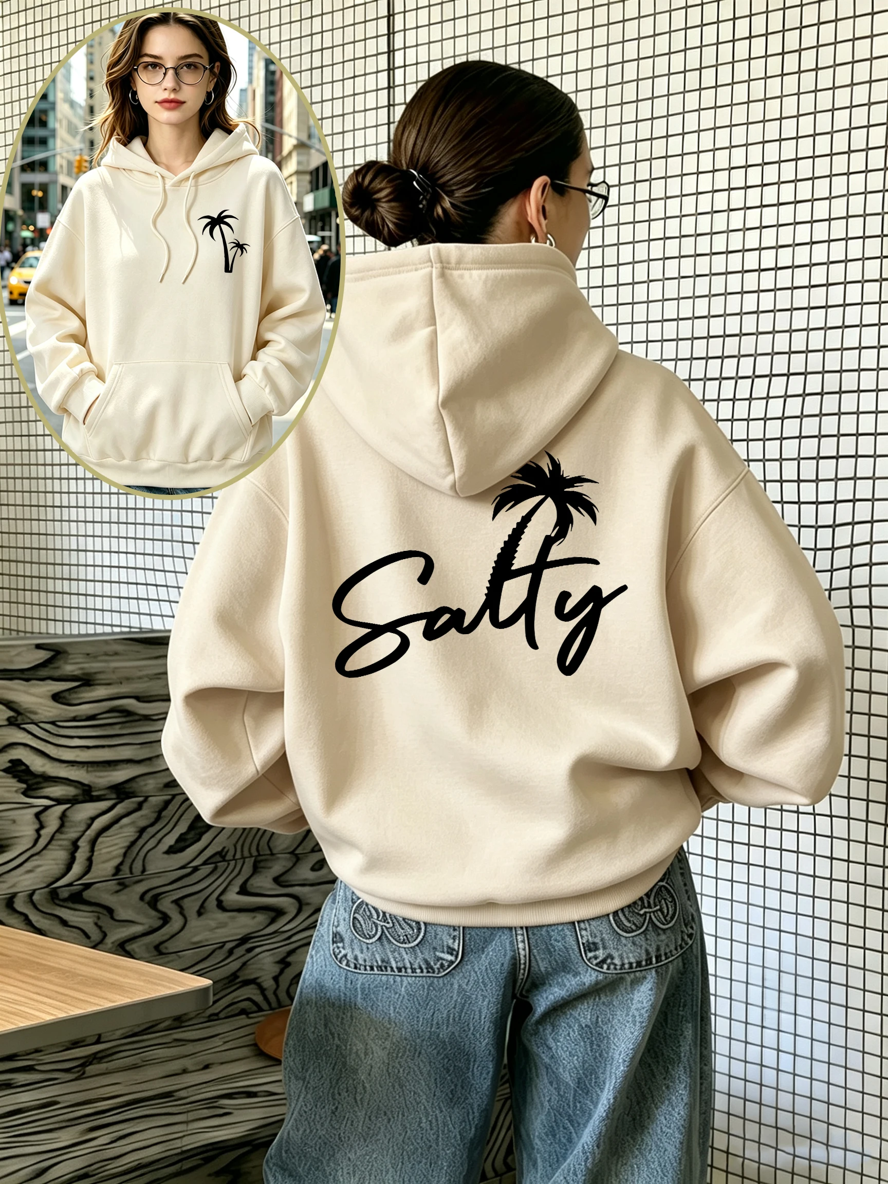 New Salty Coconut Tree Creative Word Design Hoody Women Comfortable Pocket Hoodie Fashion Fleece Pullovers Korean Autumn Clothes