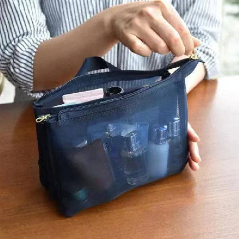 Portable Mesh Storage Bag Handbag with Compartment Travel Toiletries Bag Cosmetics Bag Skincare Toiletries Organizer Pouch