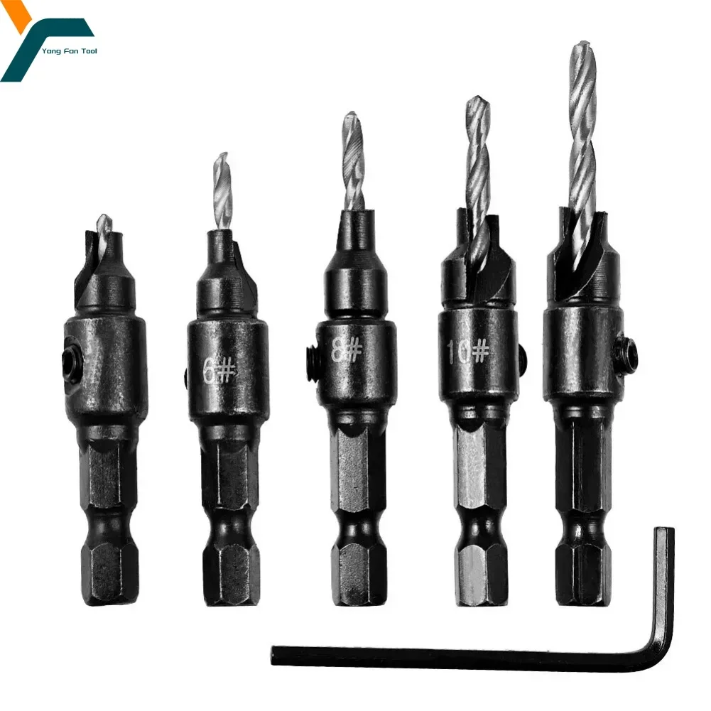 5 pezzi set di punte da trapano svasatore punta da trapano conica lavorazione del legno foro pilota HSS universale in alluminio plastica carpenteria strumento di creazione del legno