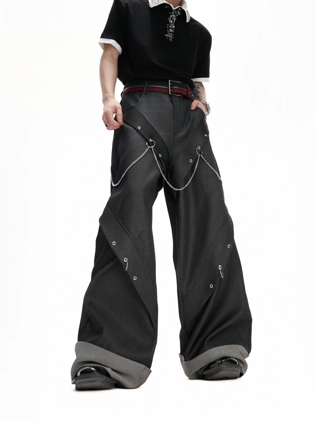 Korean Version of Fashion Trend Rivet Chain Wide-leg Pants Handsome Boy Teen Irregular Design Loose Casual Trousers