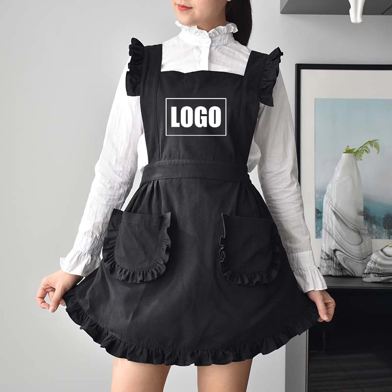 Custom Embroidery Printing LOGO Baking Dessert Floral Painting Art Lovely Outdoor Maid Apron Dress For School Student Girl Woman