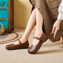 Brown Flat Shoes Luxury Women Comfortable Mary Jane Loafers Genuine Leather Large Size Moccasins Soft Bottom Ballet Shoes