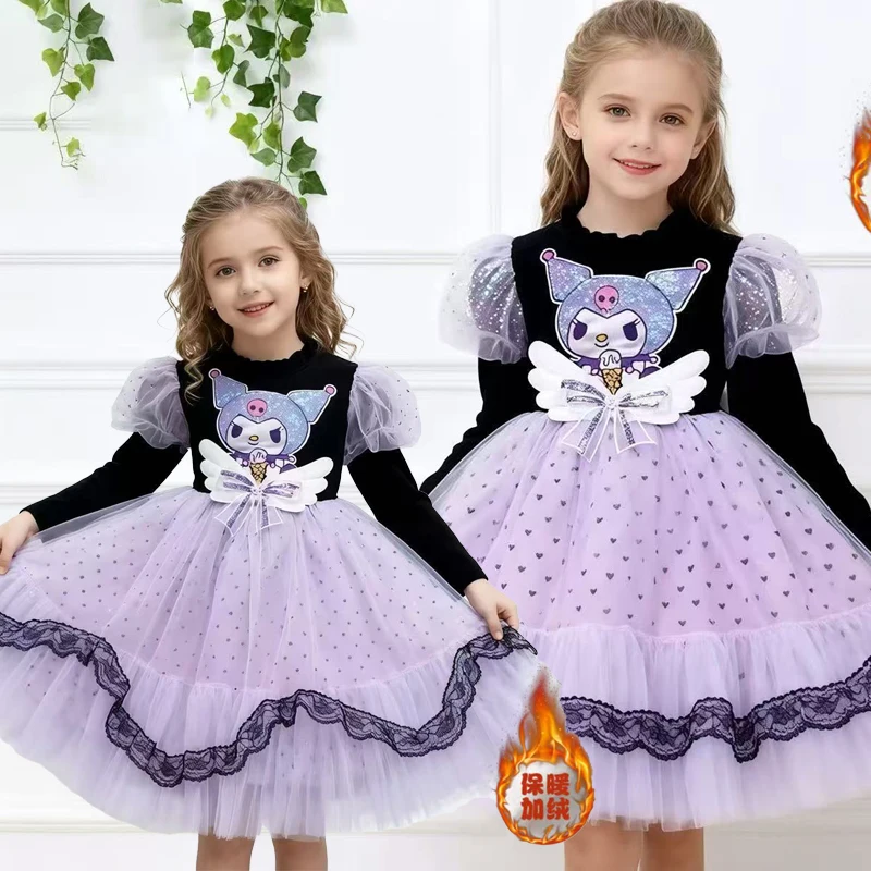 

Kuromi Girls Skirt Autumn Winter New Princess Dress Anime Figure Cotton Long Sleeves Puff Skirt Kawaii Cartoon Fashion