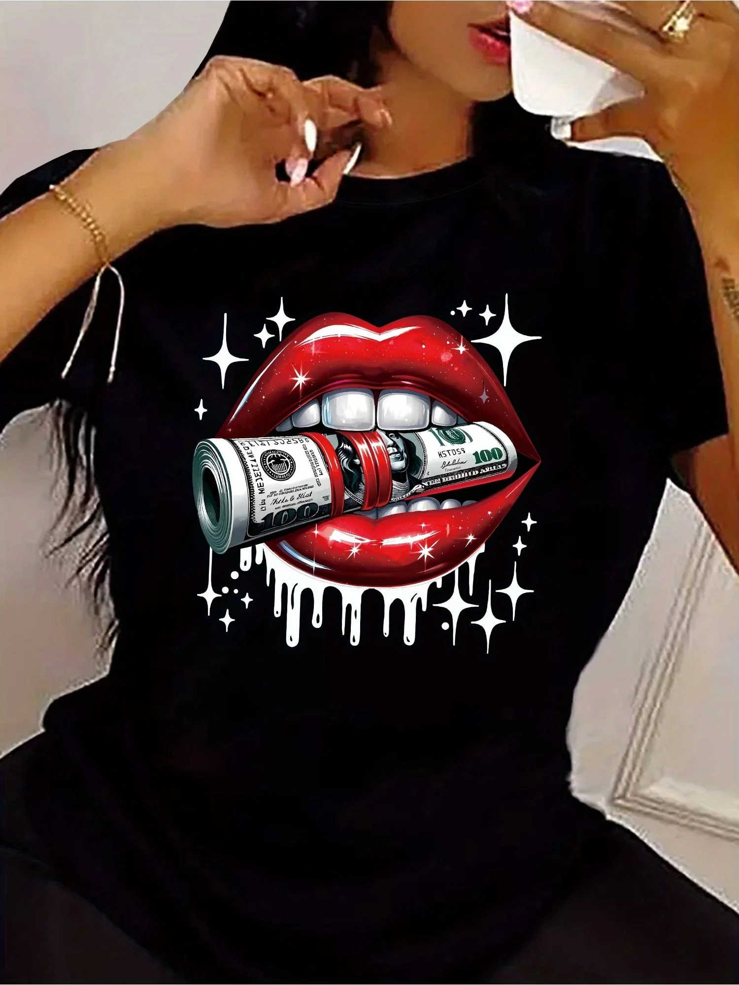 

Women's Casual Short Sleeve Crew Neck T-Shirt - Bold Red Lips & Dollar Bill Graphic Print with Sparkling Stars