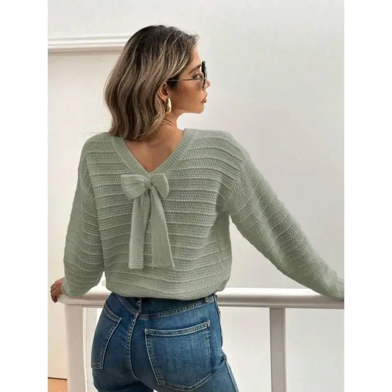 

Ladies Pure Color Long Sve Knot Decoration Simple Casual Decorative Knitted Sweater Ci Walk Ne Nine Points