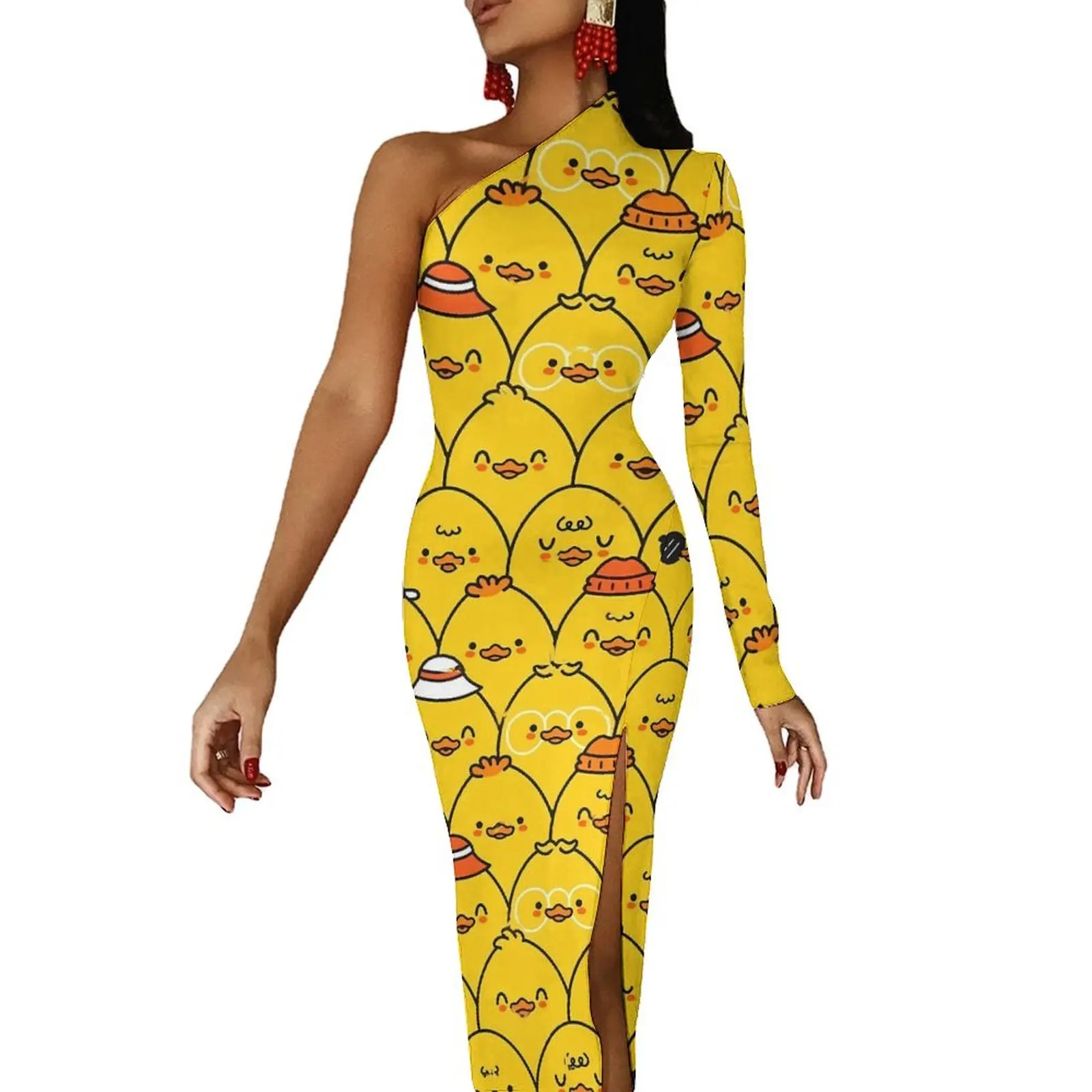 

Yellow Ducks Bodycon Dress Summer Funny Ducklings Elegant High Slit Long Dresses Long Sleeve Custom Party Dress