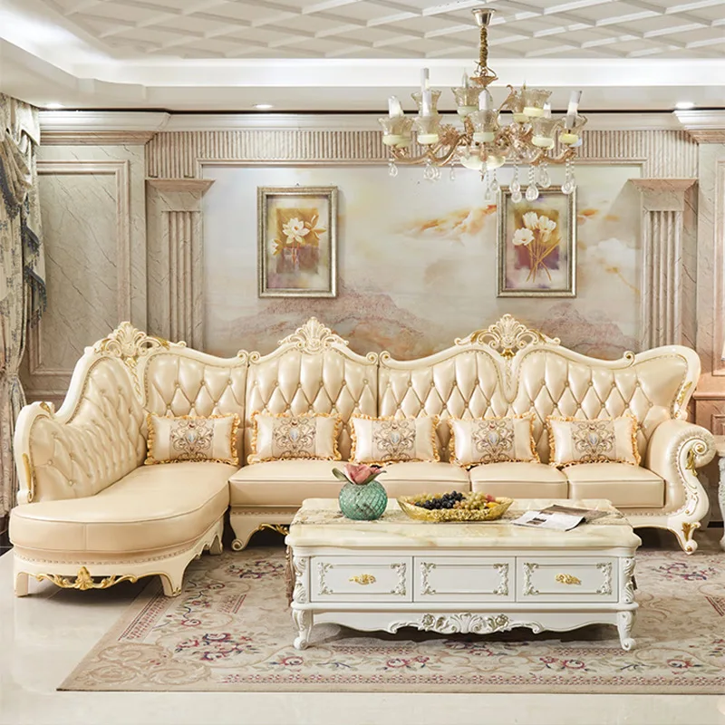 غرفة معيشة زاوية، أريكة فنية جلدية جديدة فاخرة مكونة من 7 أحرف على شكل حرف L من الخشب الصلب المنحوت على شكل زهرة 2024