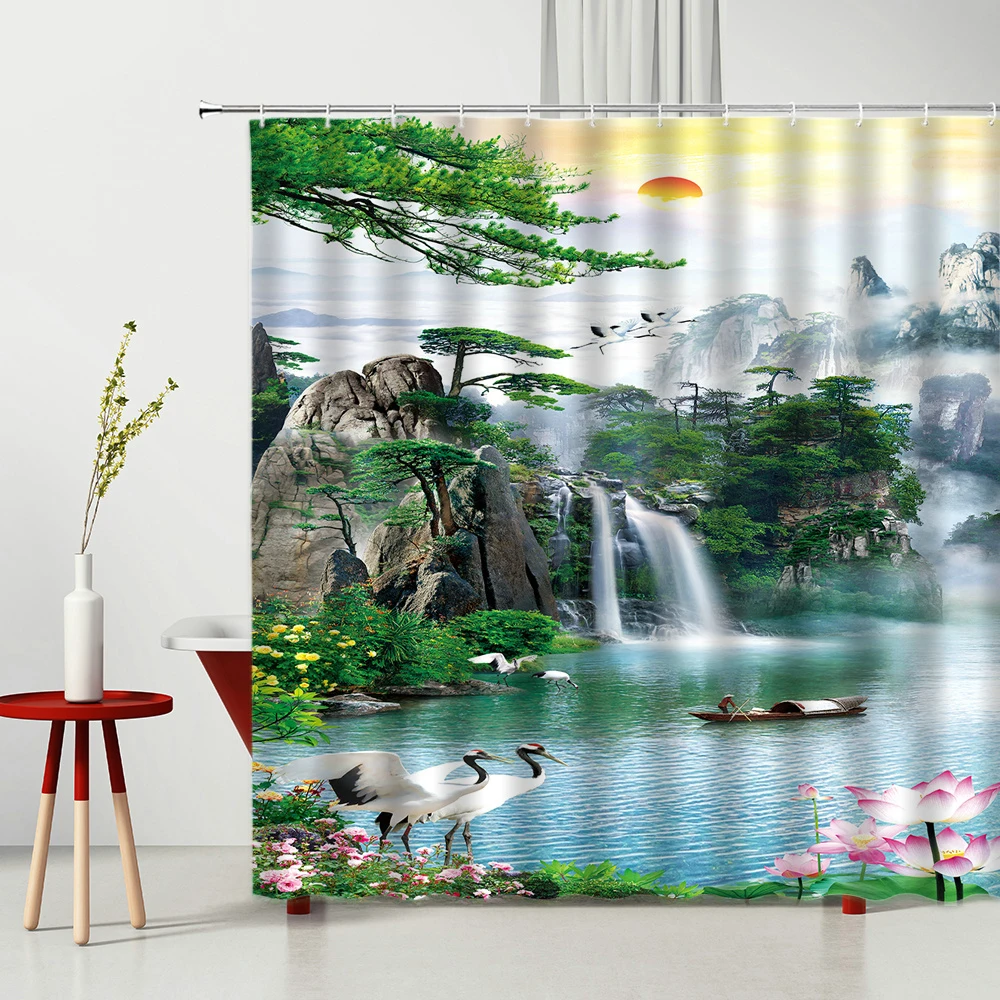 

Vintage Arch Door Shower Curtain Streamstone Lotus Flower Garden Plant Scenery Bathroom Decor with Hooks Waterproof Bath Screen