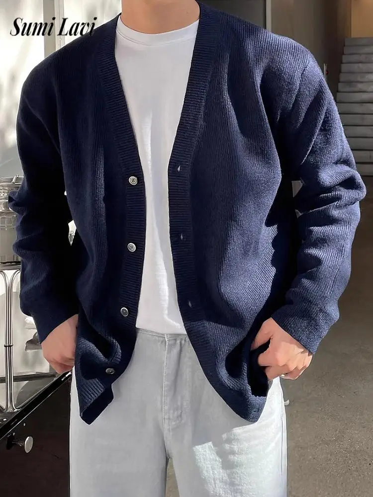 Daily Casual Knitting Long Sleeve Knit Coats Mens 2026 Fall Solid Color V Collar Cardigan Vintage Ribbed Texture Knit Outerwear