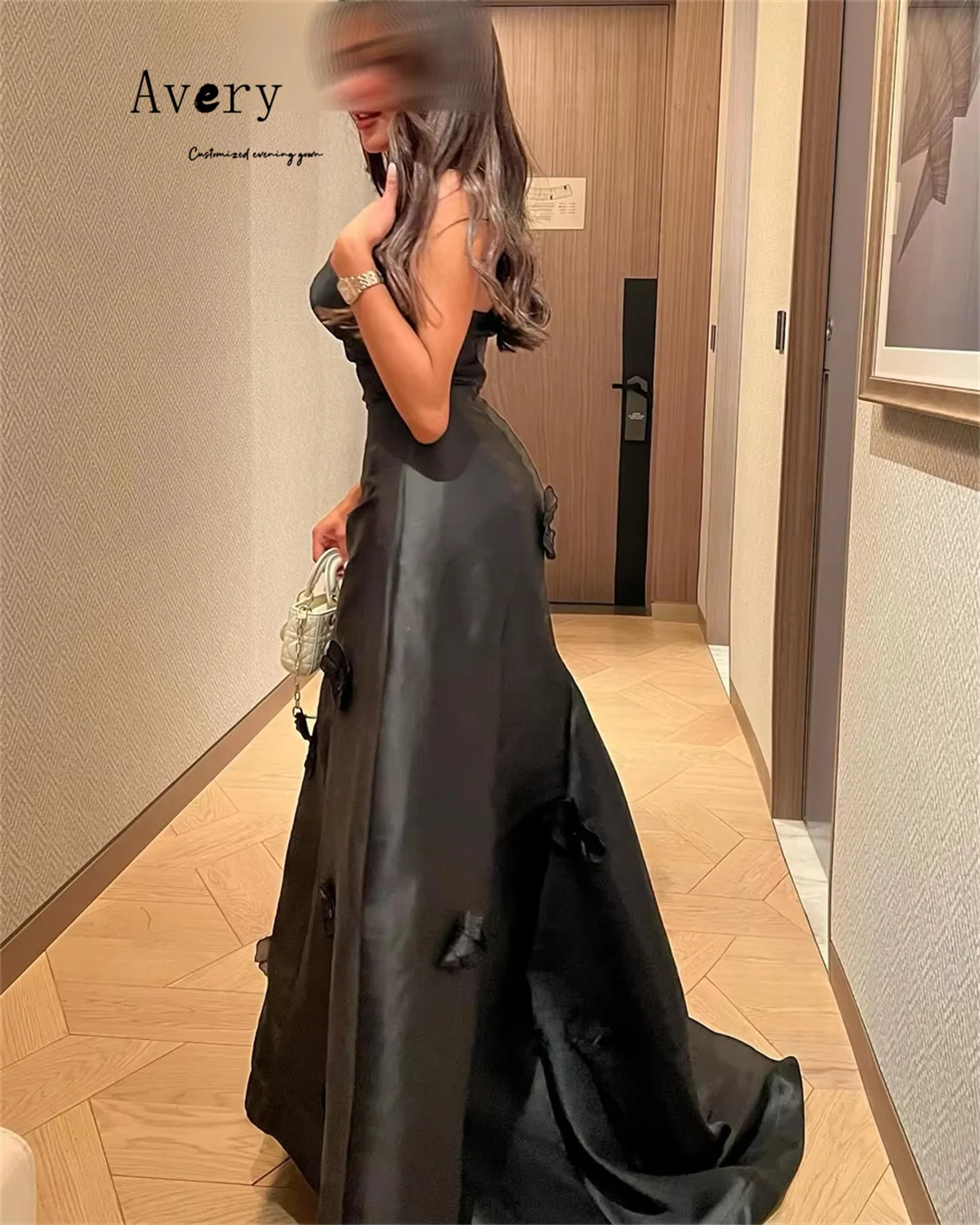 Avery personalizado negro cariño fuera del hombro flor elegante vestidos de cóctel 2025 mujer vestido de noche de lujo vestido de fiesta lujoso