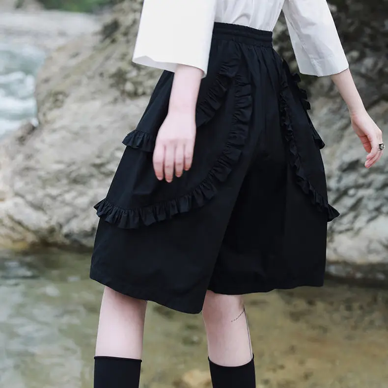 2025 summer new cool personalized fungus pleated five-point pants loose shorts women's high-waisted casual wide-leg pants