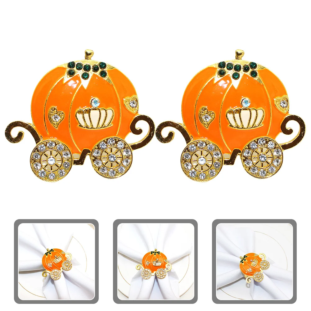 

2Pcs Pumpkin Cart Napkin Holders Exquisite Design Metal Rhinestone Suitable for Formal Events and Casual Parties