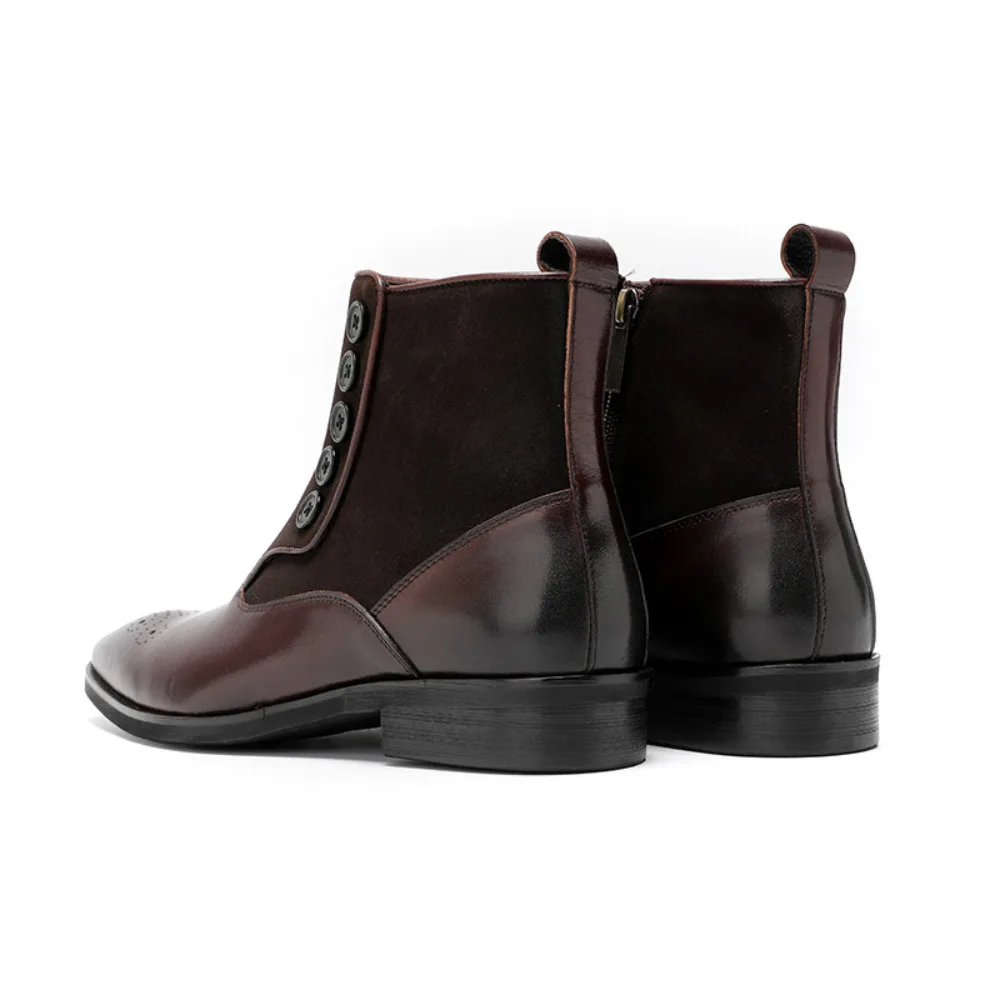 Fashion Mens British Style Boots Vintage Carved Pointed Toe Ankle Boots Genuine Leather Button Mens Boots