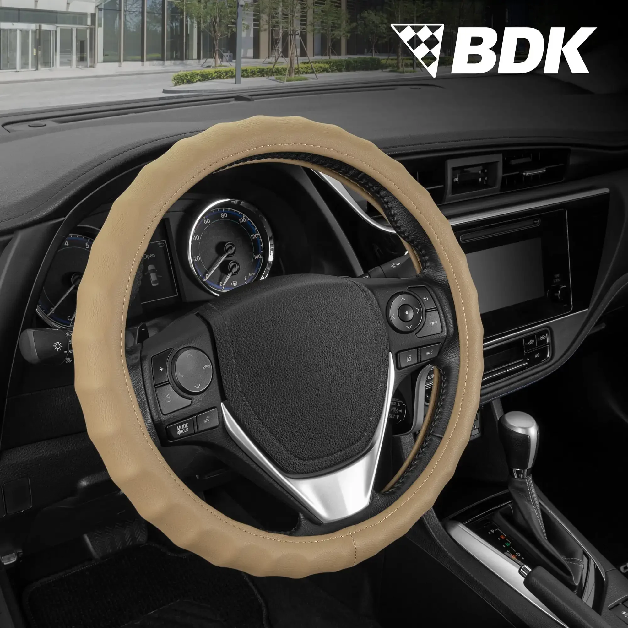 

BDK Leather Car Steering Wheel Cover 13.5"-14.5" (Small/Tan Beige) -Universal Fit, Easy Installation, Max Protection