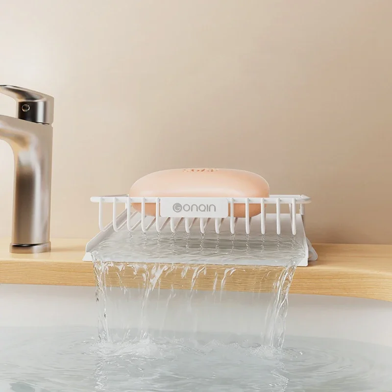 HeMu Tilted Drain Soap Holder,Metal Soap Dish with Water-Guiding Chute,Fast Drying Household Bathroom Sink Soap Storage Basket