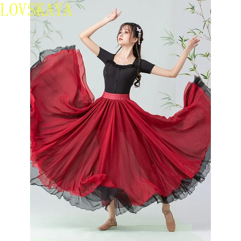 Classical Dance Costume Professional Modern Dance Hall Dance Practice Short sleeved Top Large Swing Yarn 720 Degree Skirt