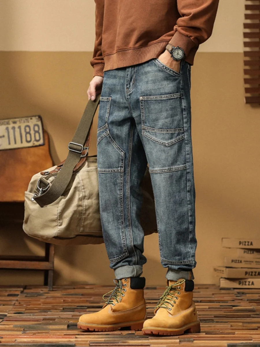 

Мужские джинсы в стиле американского ретро, пэчворк, свободные повседневные брюки-харланы из денима, средняя посадка, застежка на молнии, без стрейча, весна-осень