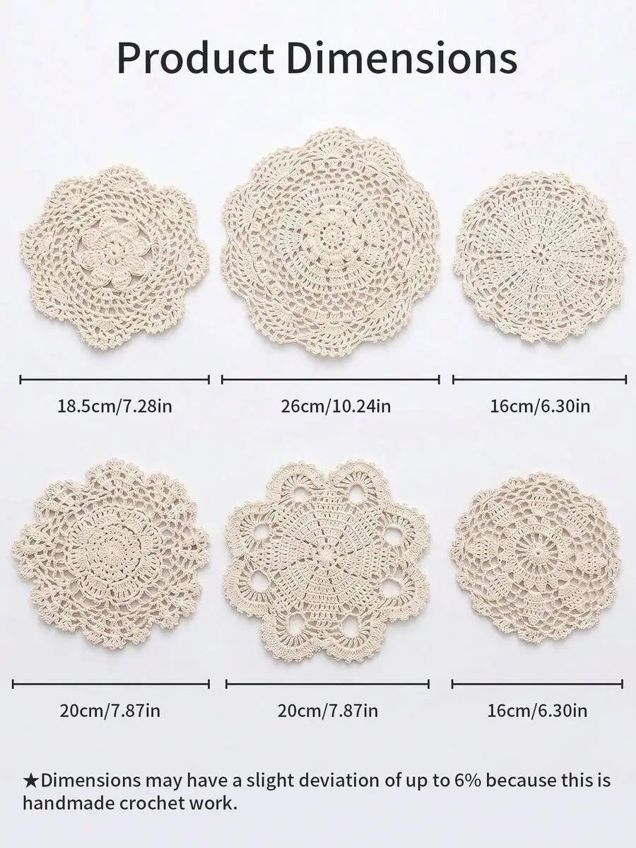 6pcs Vintage Handmade Crochet Lace Table Mat Set, Hollow Floral Round Coasters, Country Farmhouse Style Dining Table Coasters, W