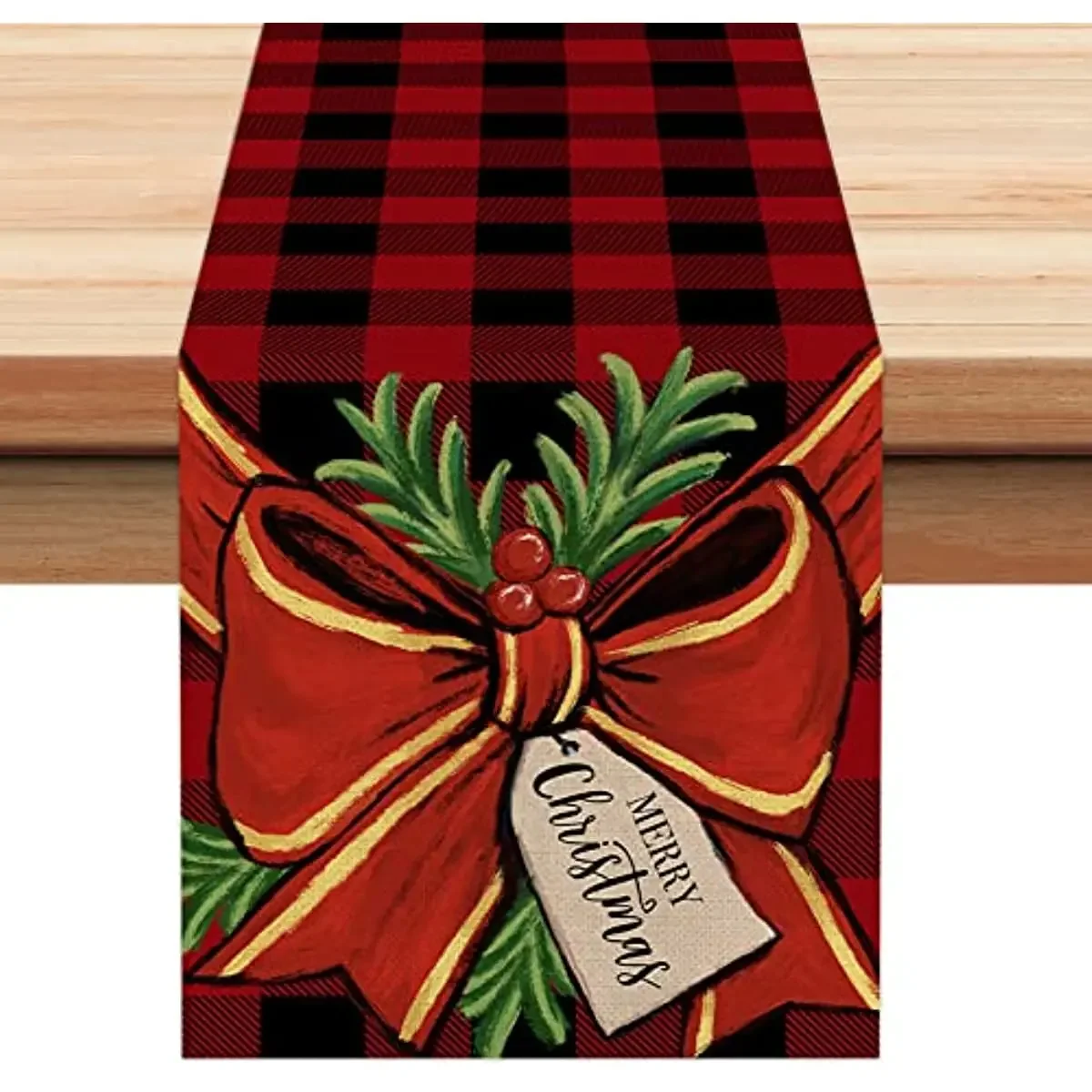 Christmas Decorations Red Plaid Bow Table Runners Linen Stain Resistant Suitable for Party Gathering Outdoor  Decoration