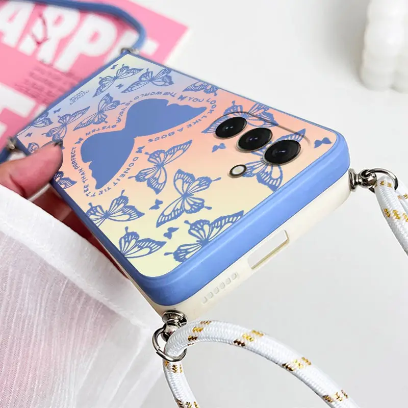 S24 Auroral Butterfly Lanyard Silicone Phone Case For Samsung S24 S24Plus S23Plus S23 S23FE S22 S21FE S21 S24Ultra S22Plus Cover