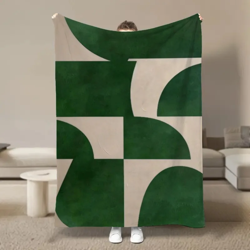 1 Stück smaragdgrüne Beige abstrakte minimalistische Flanelldecke, bequeme, warme und weiche Sofadecke, geeignet für alle Jahreszeiten