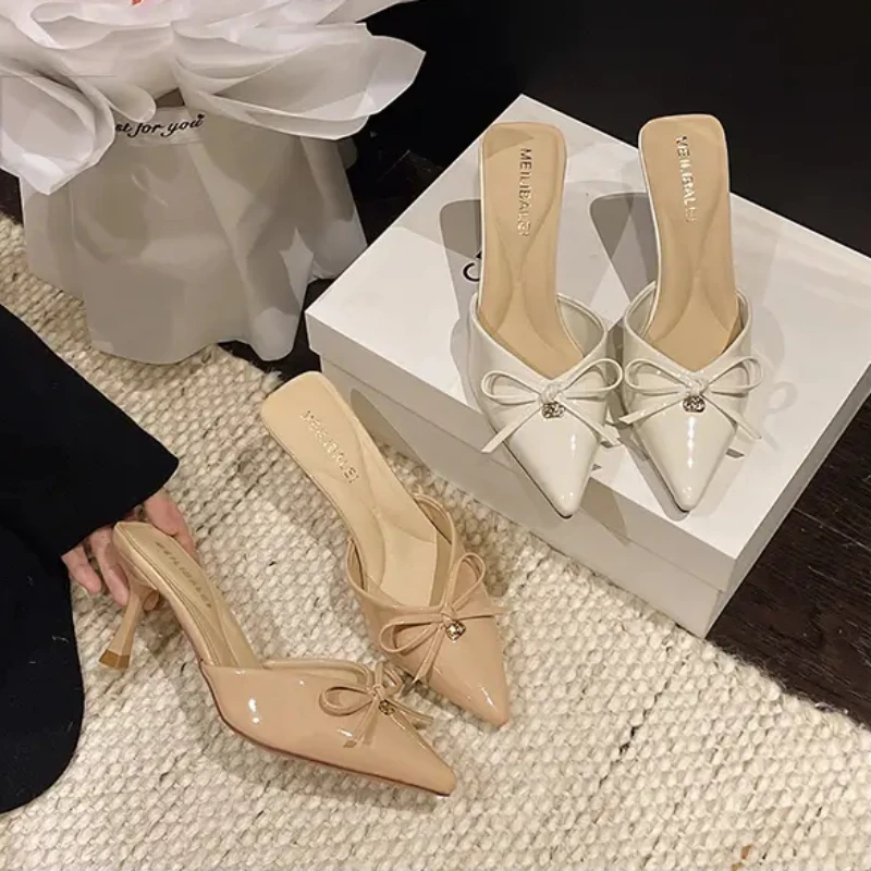 

French nude high-heeled shoes with half toe, half slippers, fairy shoes, worn outside, 2026 spring and summer bow, half back