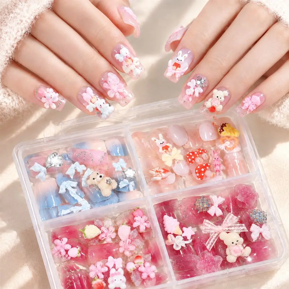 96Pcs Quick Apply Press‑On Nails 4‑Grid Box Kawaii Mixed 3D Bear Rabbit Bow Charms False Nails For Women Daily & Dating Manicure