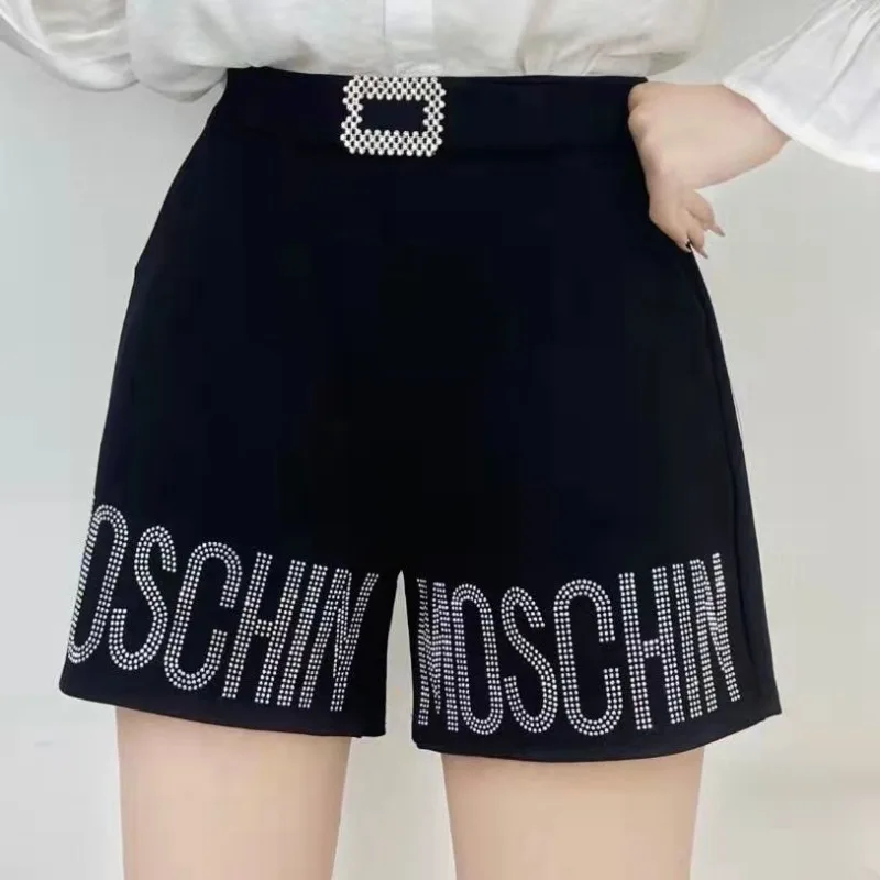 Damskie szorty z wysokim stanem i kryształkami Moda Luźne koreańskie diamenty Spodnie z szerokimi nogawkami Wiosna i jesień Nowe proste spodnie