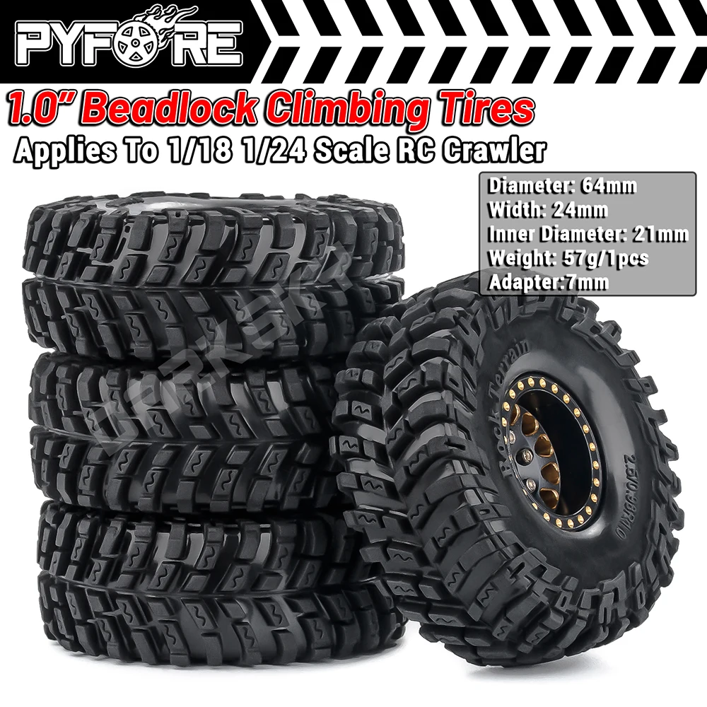 PYFORE 1.0‘’ Beadlock Climbing Tires Metal Wheel Rim Hub 64x24mm Adapter 7mm for 1/18 1/16 RC Car Crawler Accessories