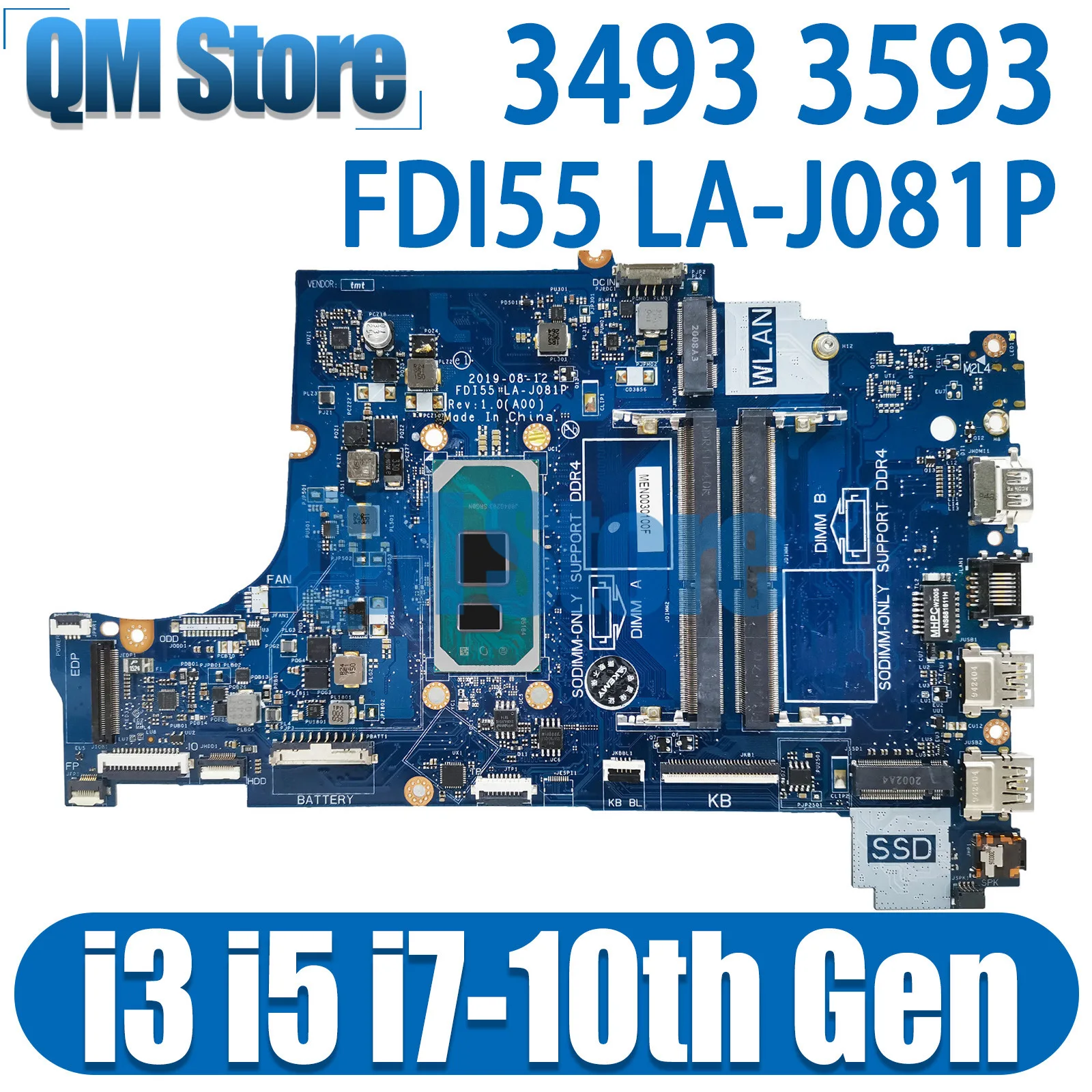 

QM FDI55 LA-J081P For Dell Inspiron 3493 3593 3793 5493 Laptop Motherboard with i3 i5 i7 CPU CN-03DD3K 052X6W 004C38 0PYKXN