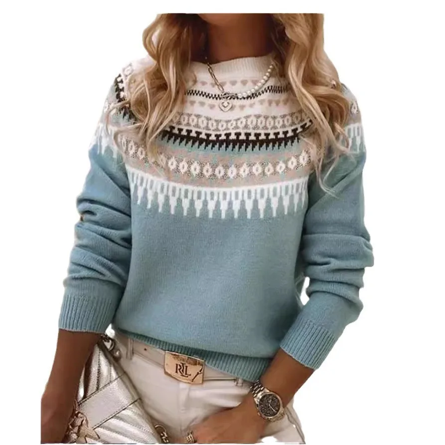 

2025 New Women Round Neck Color Block Loose Pullover Sweater Dress Multi Color Elegant Design Fashion Versatile Trendy