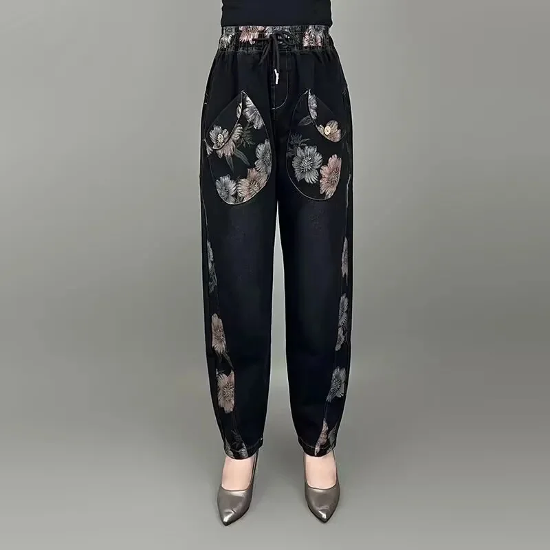 حجم كبير 3XL الدهون الصوف الجينز للنساء بنطلون مستقيم واسعة الساق فضفاضة تناسب ضيق مرونة الخصر التخسيس للنساء الدنيم السراويل