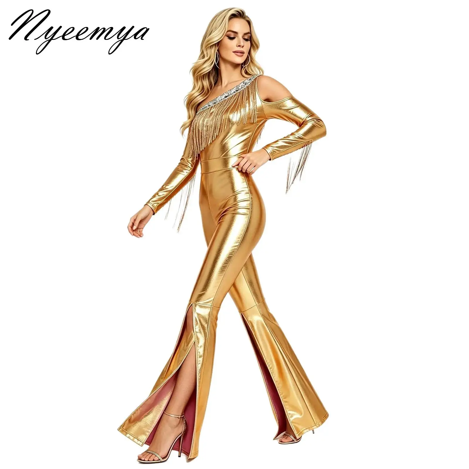 Women Sequin Tassel Disco Rompers Off Shoulder Long Sleeve Slit Bell Bottom Legs Metallic Shiny Jumpsuit Party Stage Clubwear