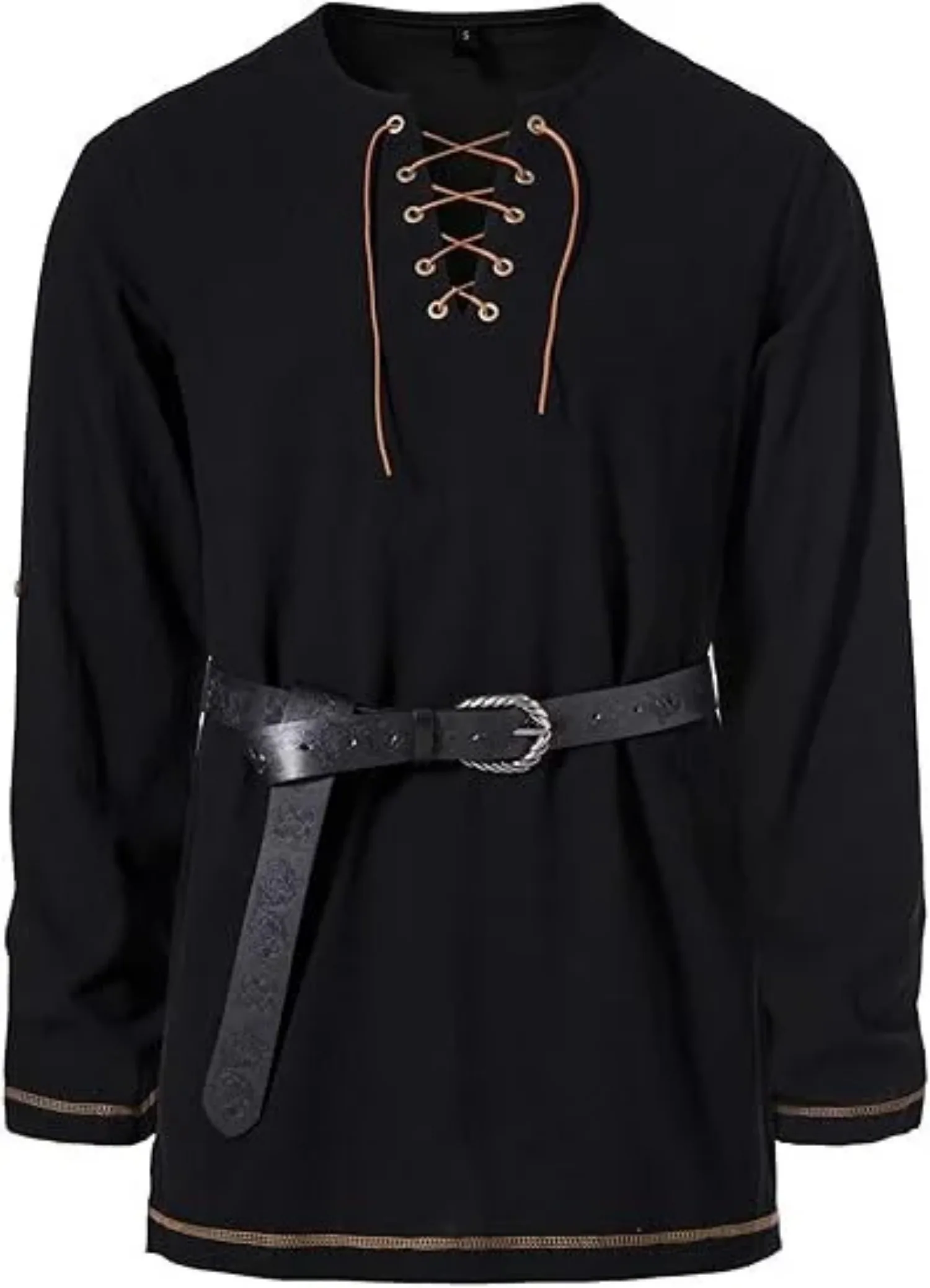 Mittelalterliches Schnür-Tunika-Hemd für Herren, Renaissance-Wikinger-Piratenkostüm, langärmliges Retro-Oberteil mit Gürtel für Halloween-Cosplay – Detail 13