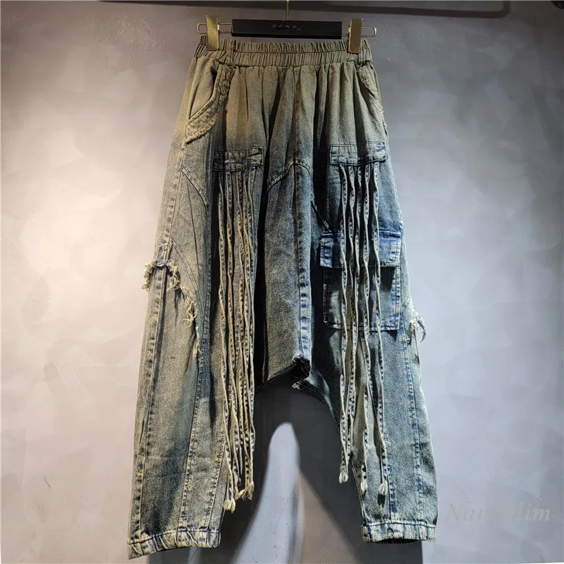 personalized-street-hip-hop-jeans-women's-2024-autumn-new-elastic-waist-loose-pants-hanging-crotch-pants-tassel-jeans