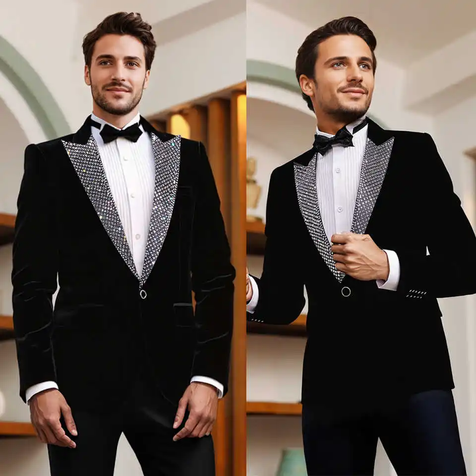

Stylish Men's Suits Slim Fit 2 Pieces Blazer Pants Single Breasted With Crystal Formal Business Activities Groom Tuxedos