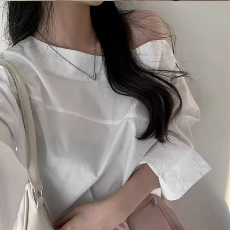 Fashion New White Women Blouse Sexy Off Shoulder Long Sleeve Shirt Office Lady Elegant Casual Cotton Tops