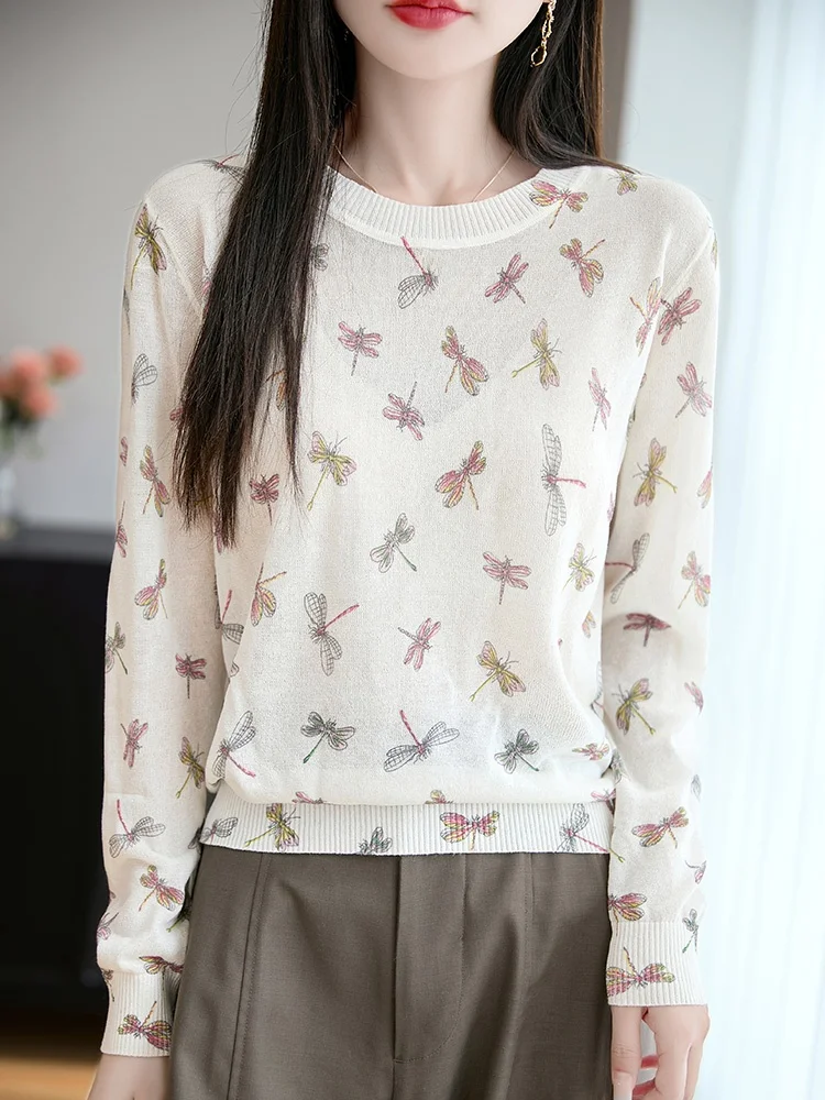 

Spring Commute Style Women's Long Sleeve Knitted Sweater Loose Fit Printed Thin round Neck Overhead Soft Lenzing Knitwear