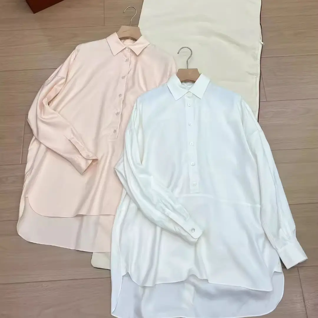 Spring  Women's Shirt Half Placket Silk long-Sleeved Shirt Turn-Down Collar Blouse Female Top Woman's Clothing White Pink