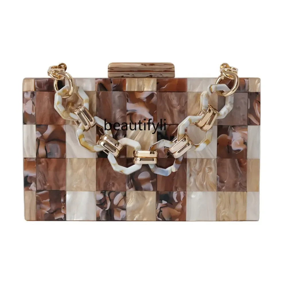 

yj One-Shoulder Crossbody Bag All-Match Wedding Banquet Clutch Plaid Contrast Color Stitching Acrylic Small Fashion Bag