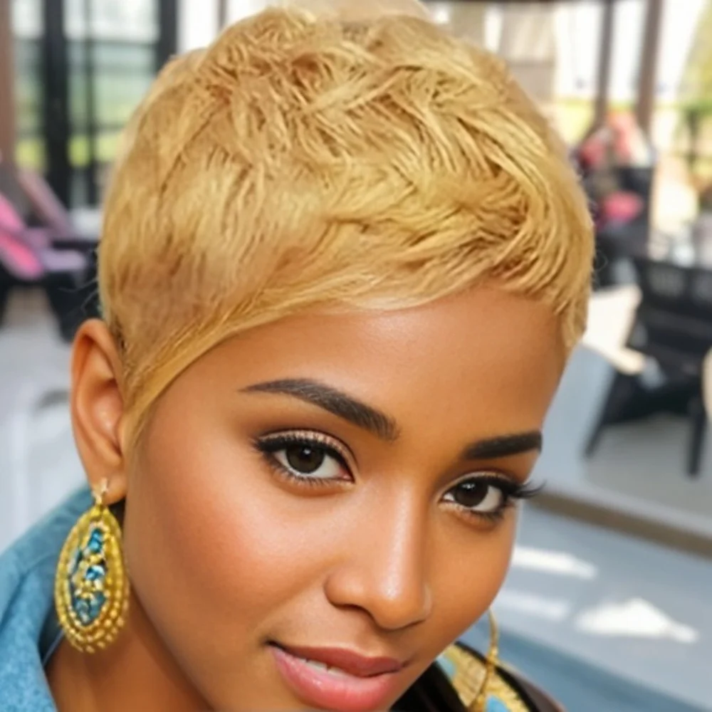 금발 픽시 가발 인모 짧은 픽시컷 전체 머신메이드 가발 (앞머리 포함)