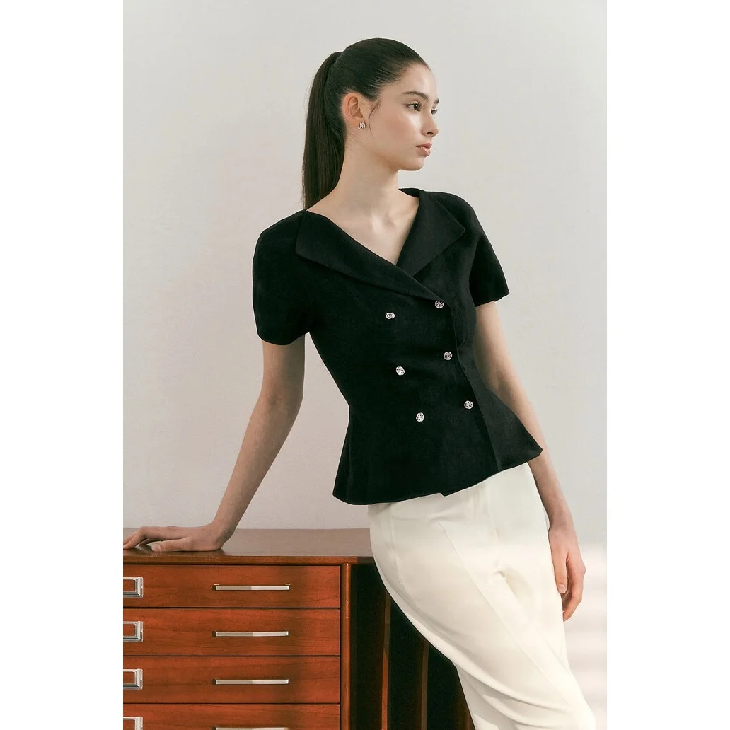 

Slimming Short Sleeve Shirt with Waist-Cinching Design And Double-Row Buttons for Commuting Standard Fit Pure Color Ladies' J...